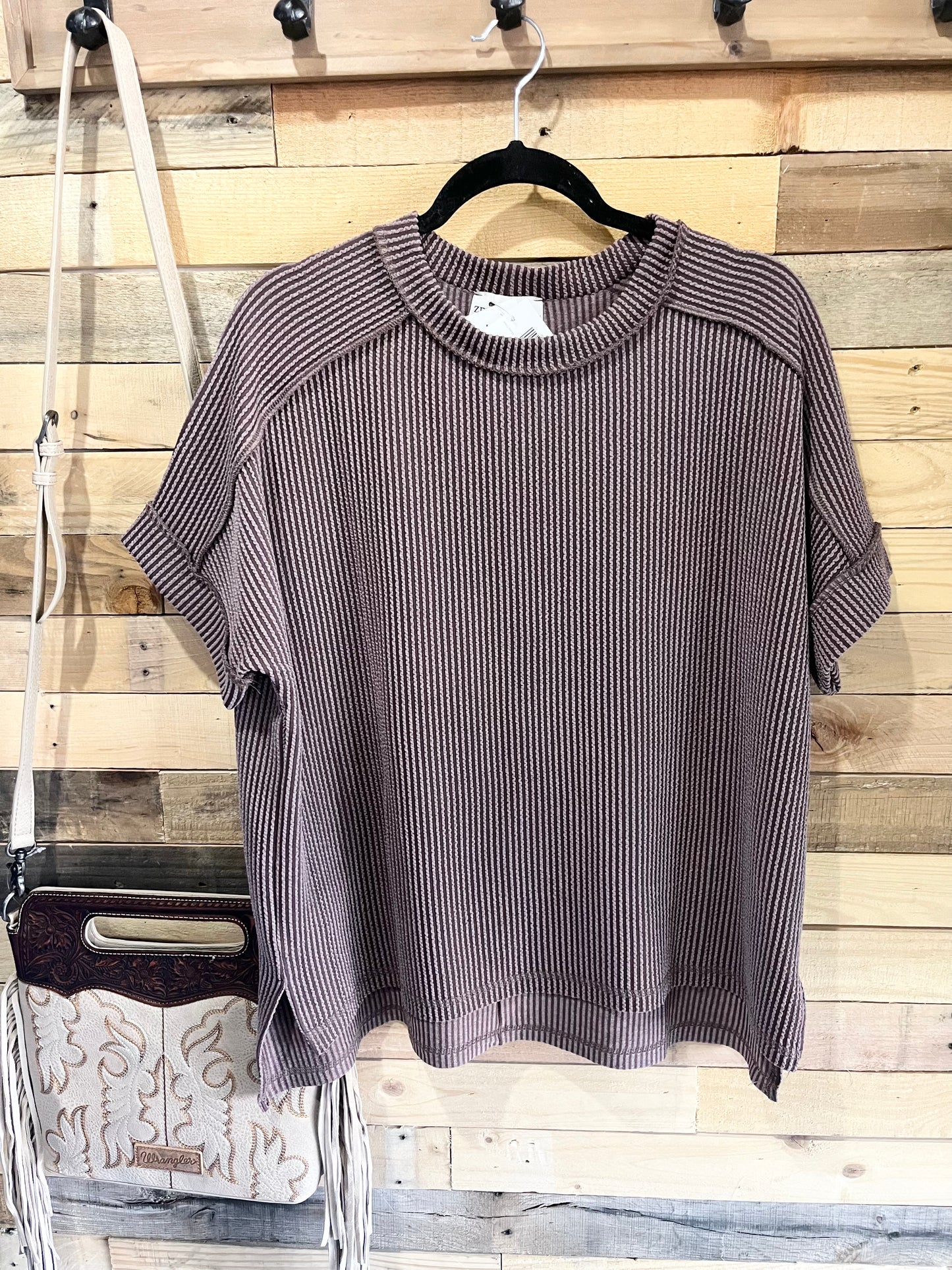 Corded Cuff Sleeve Taw Edge Top in Brown