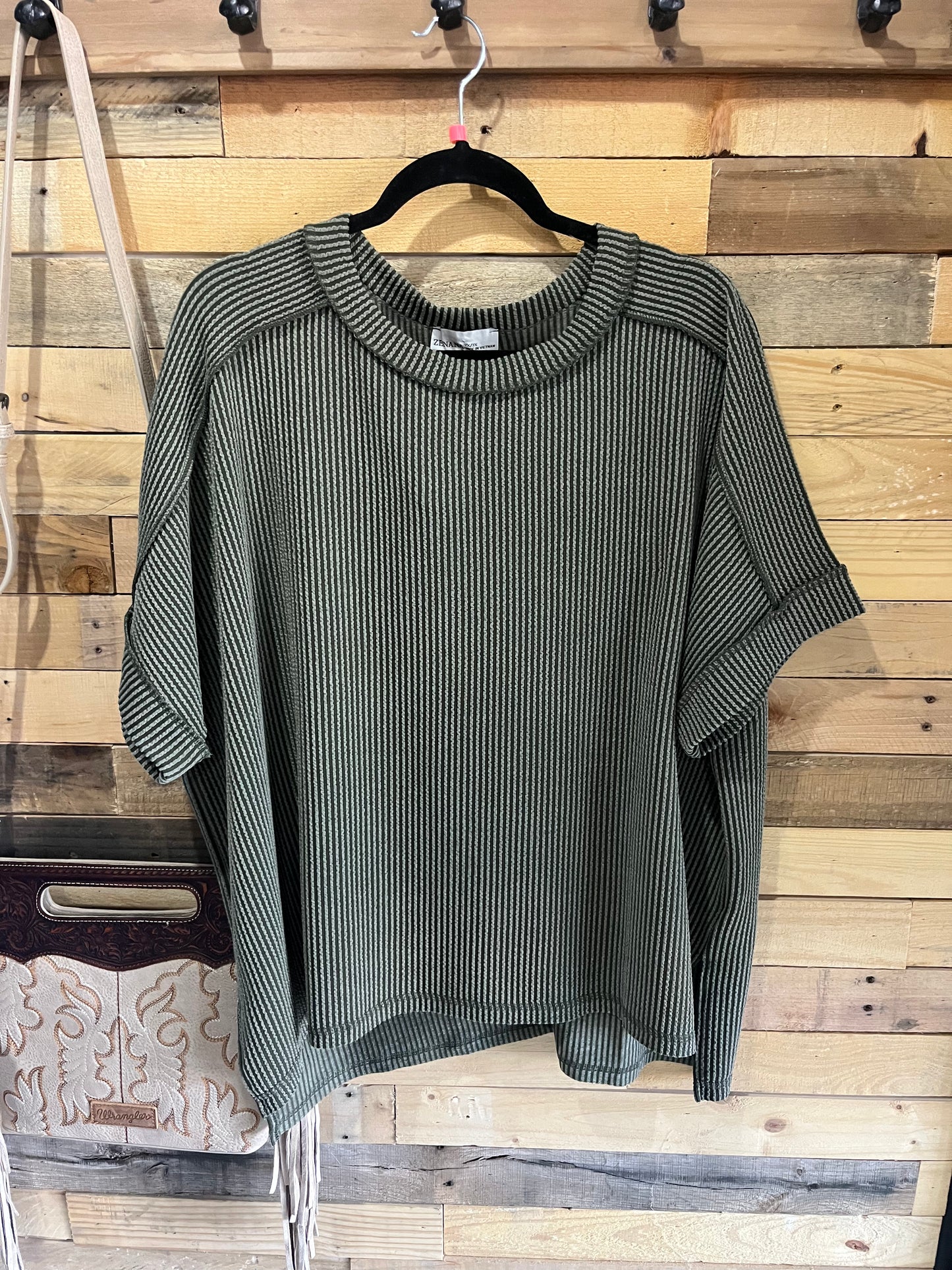 Curvy Corded Cuff Sleeve Raw Edge Top in Dark Green