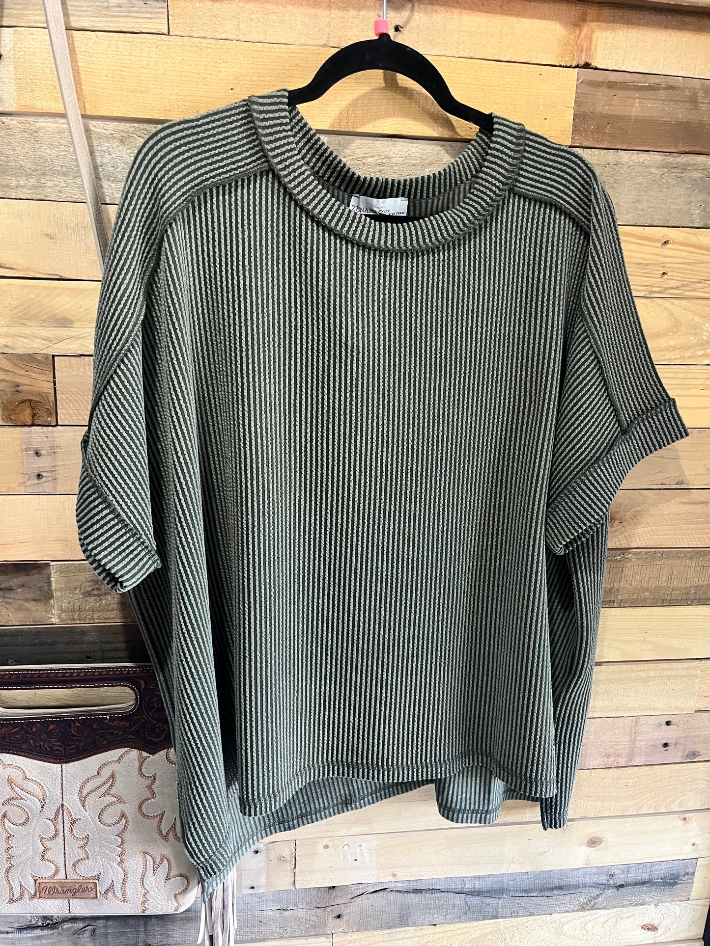 Curvy Corded Cuff Sleeve Raw Edge Top in Dark Green