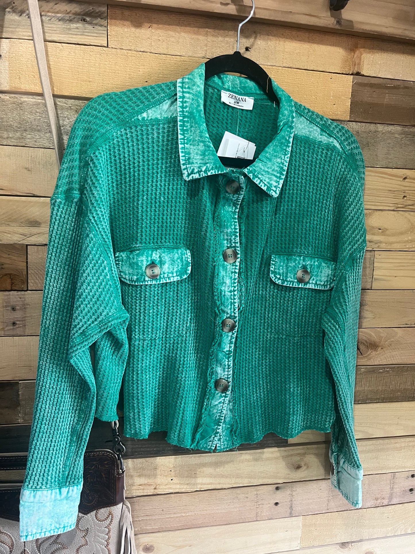 Acid Wash Oversized Waffle Cropped Shacket