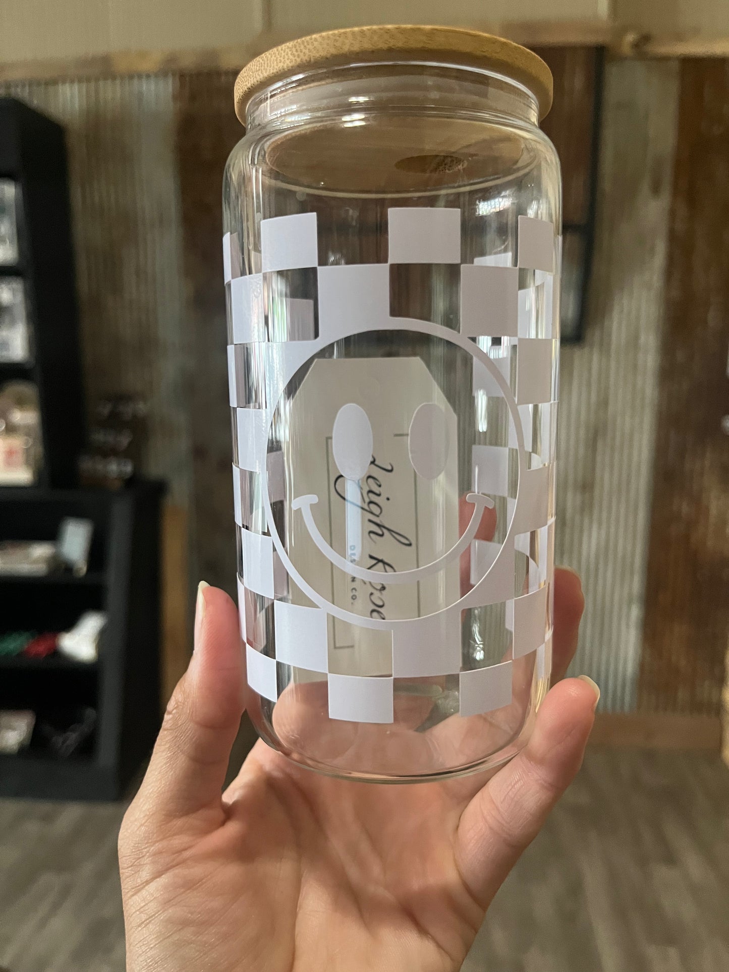 Checkered Print Smiley Face Glass Cup | Floral | Leigh Rose Design Co