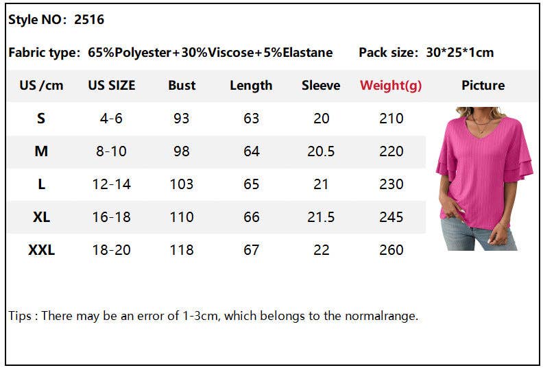 2026 Spring Solid Color V-Neck Ruffle Sleeve ShortSleeve Top