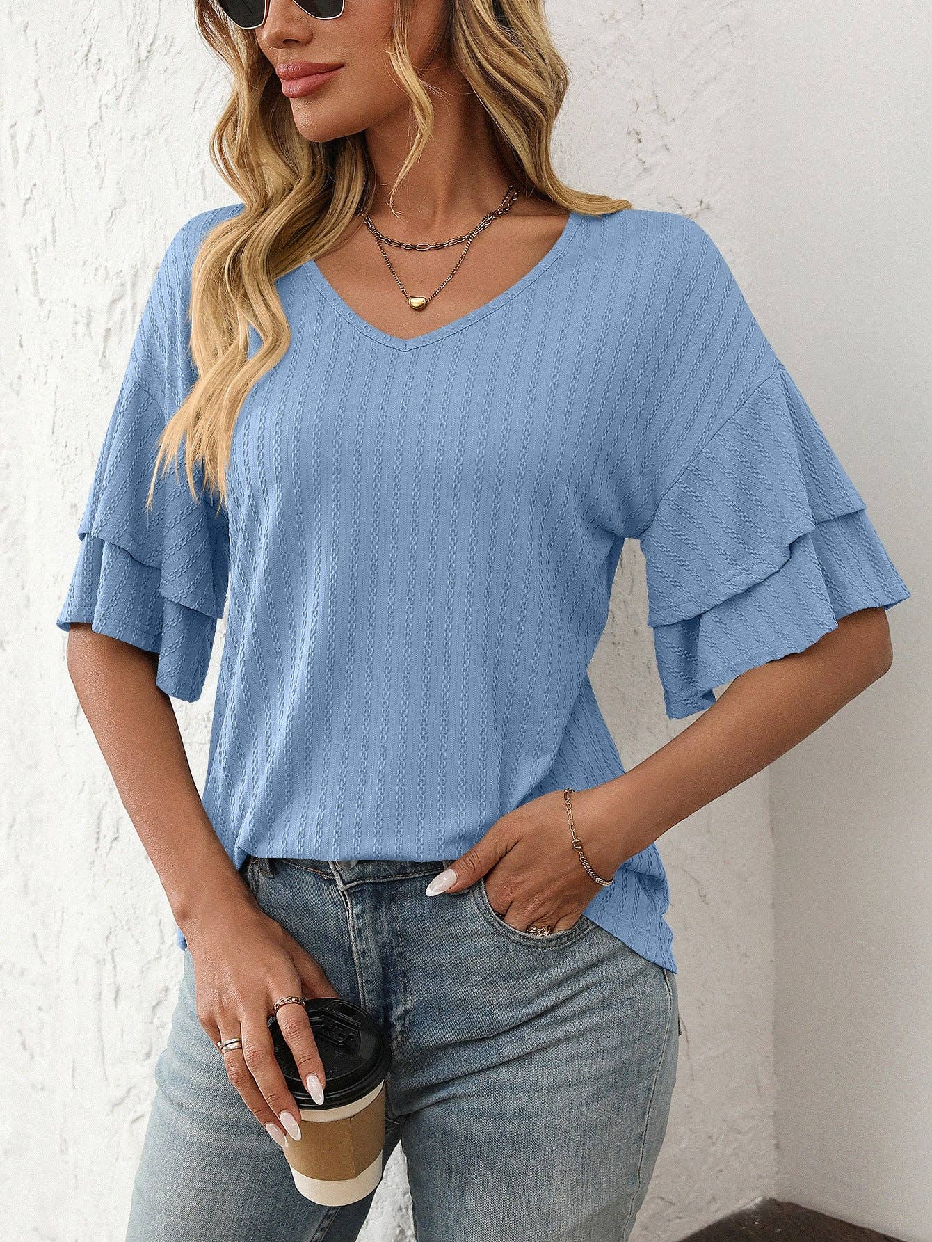 2026 Spring Solid Color V-Neck Ruffle Sleeve ShortSleeve Top