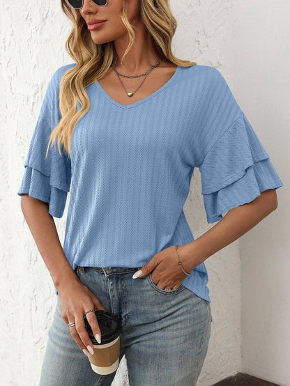 2026 Spring Solid Color V-Neck Ruffle Sleeve ShortSleeve Top