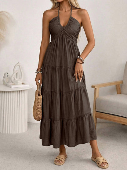 Women’s Halter V Neck Tiered Maxi Dress Backless