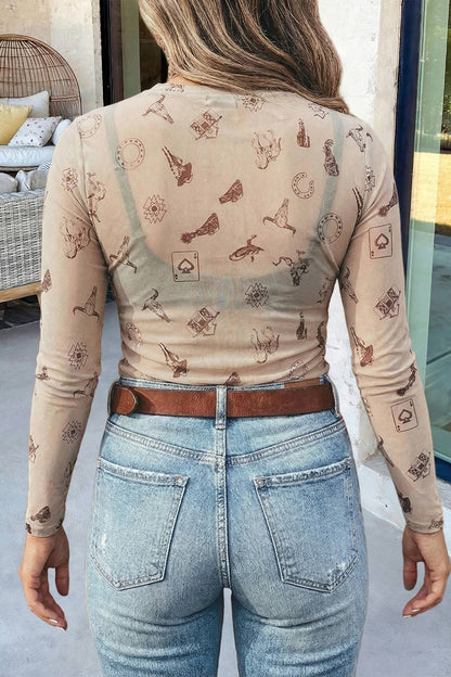 Western Print Mock Neck Mesh SlimLong Sleeve Top | S-XL