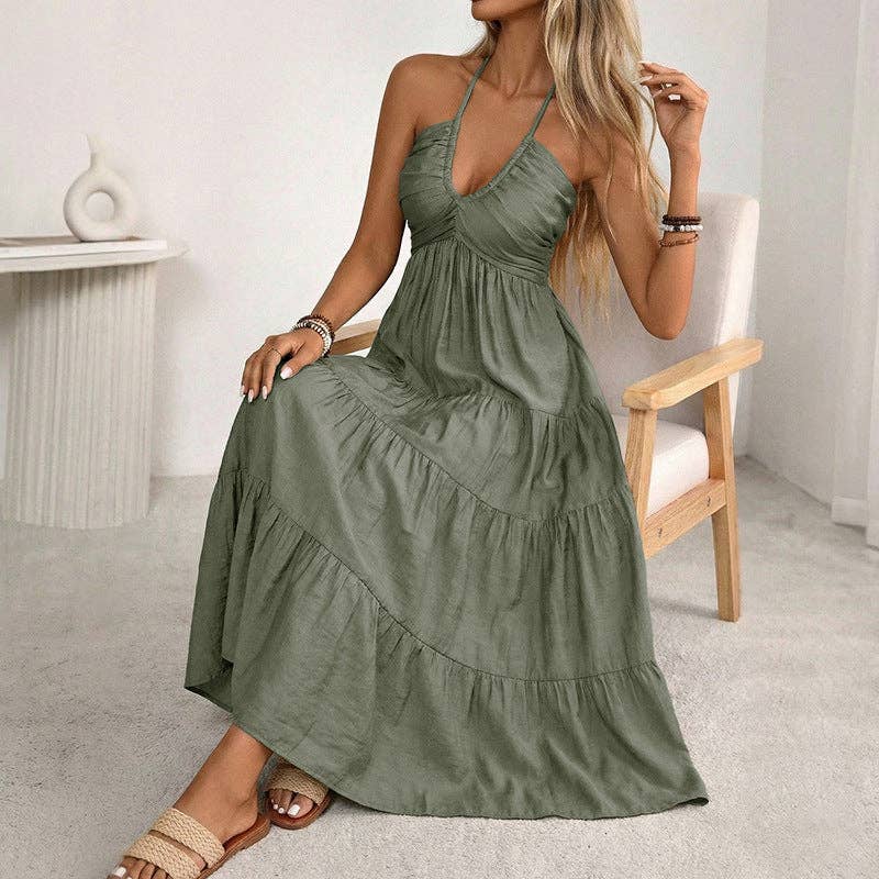 Women’s Halter V Neck Tiered Maxi Dress Backless