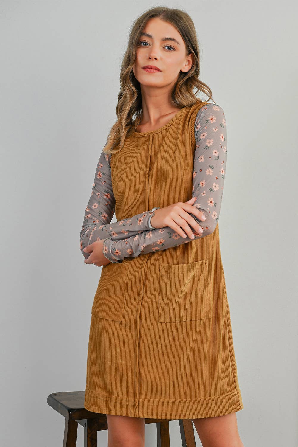Corduroy Sleeveless Patch Pocket Mini Dress | S-XL