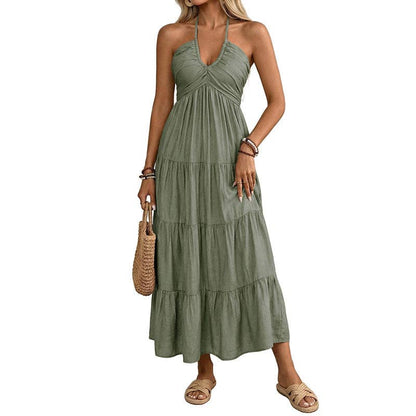 Women’s Halter V Neck Tiered Maxi Dress Backless