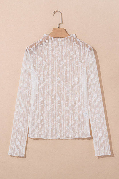 White Sheer Floral Lace Long Sleeve Slim Fit Top