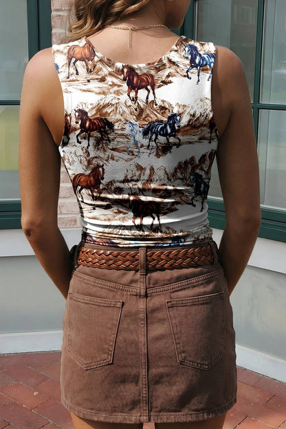 Western Horse Hat U Neck Slim Sleeveless Tank Top