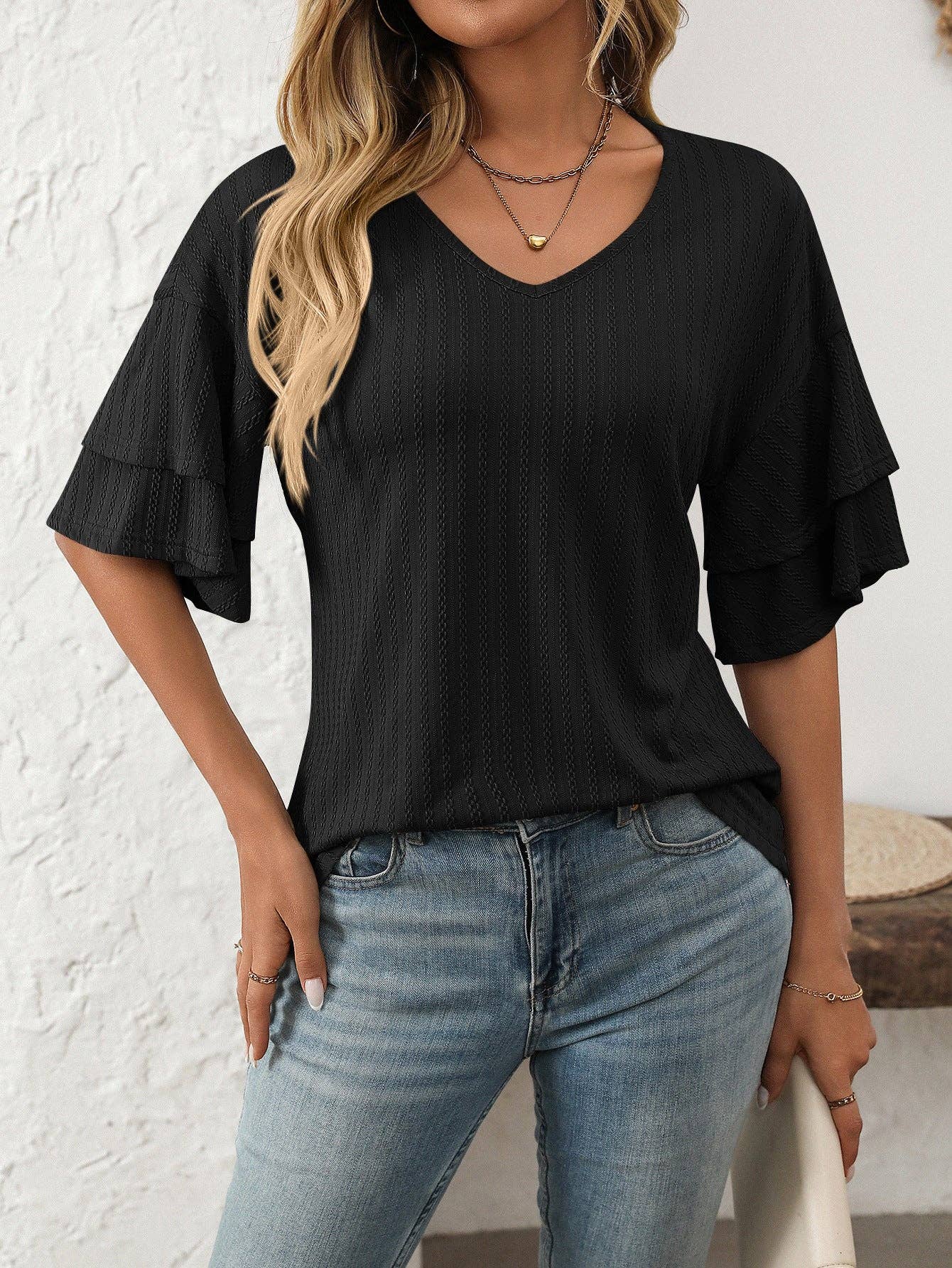 2026 Spring Solid Color V-Neck Ruffle Sleeve ShortSleeve Top