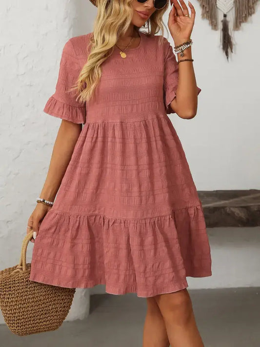 Ruffle Sleeve Tiered Mini Dress Flowy Summer Casual: Bean paste powder / 100% Polyester / 2XL