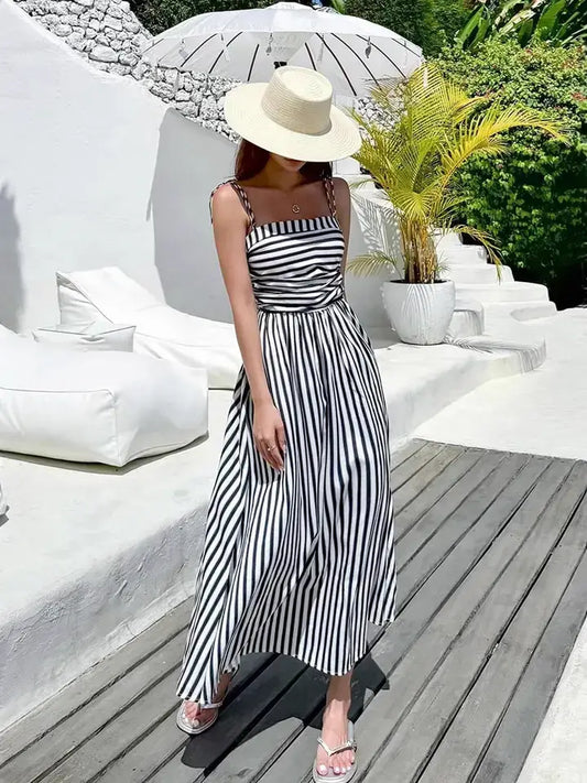 Striped Maxi Dress with Pockets Smocked Bodice