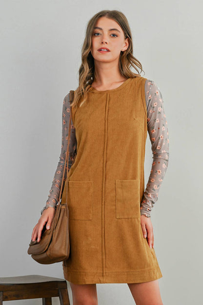 Corduroy Sleeveless Patch Pocket Mini Dress | S-XL