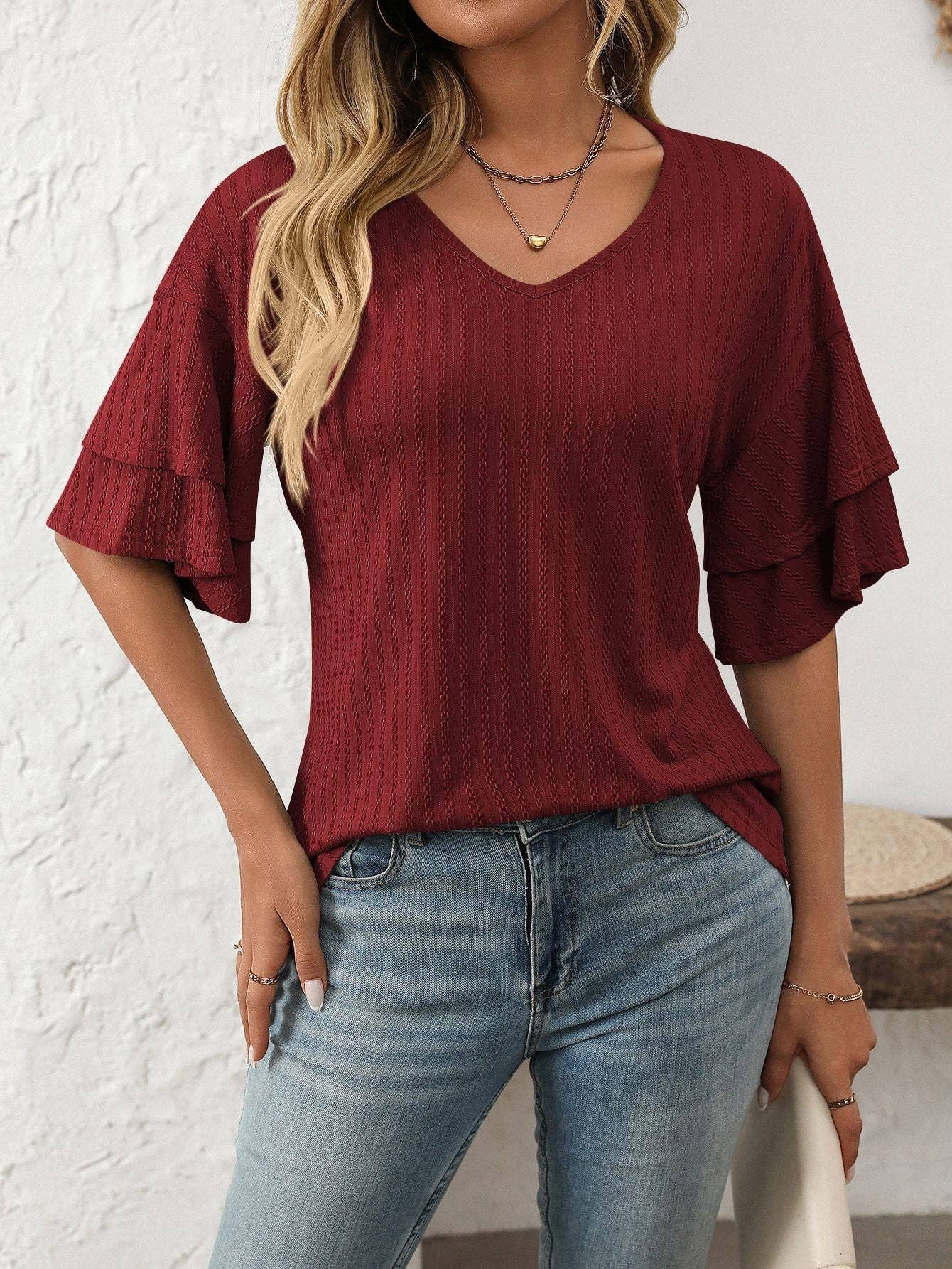 2026 Spring Solid Color V-Neck Ruffle Sleeve ShortSleeve Top