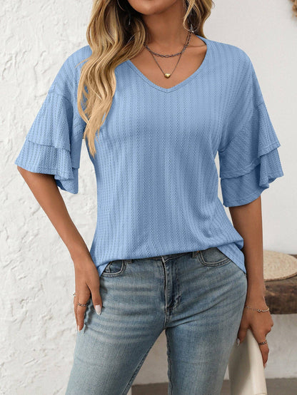 2026 Spring Solid Color V-Neck Ruffle Sleeve ShortSleeve Top