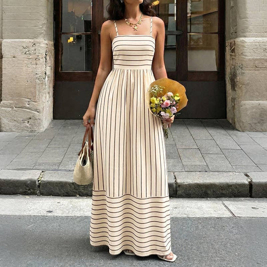 Striped Polyester Maxi Dress Resort Spaghetti Strap
