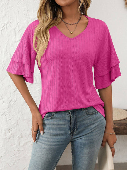 2026 Spring Solid Color V-Neck Ruffle Sleeve ShortSleeve Top
