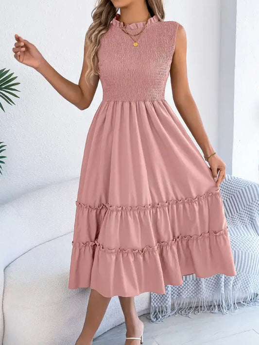 Pink Smocked Sleeveless Ruffle Tiered Maxi Dress