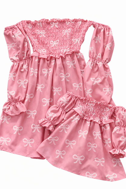 Calliope Puff Sleeve Off Shoulder Dress - Pink Bows