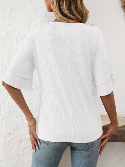 2026 Spring Solid Color V-Neck Ruffle Sleeve ShortSleeve Top