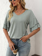 2026 Spring Solid Color V-Neck Ruffle Sleeve ShortSleeve Top