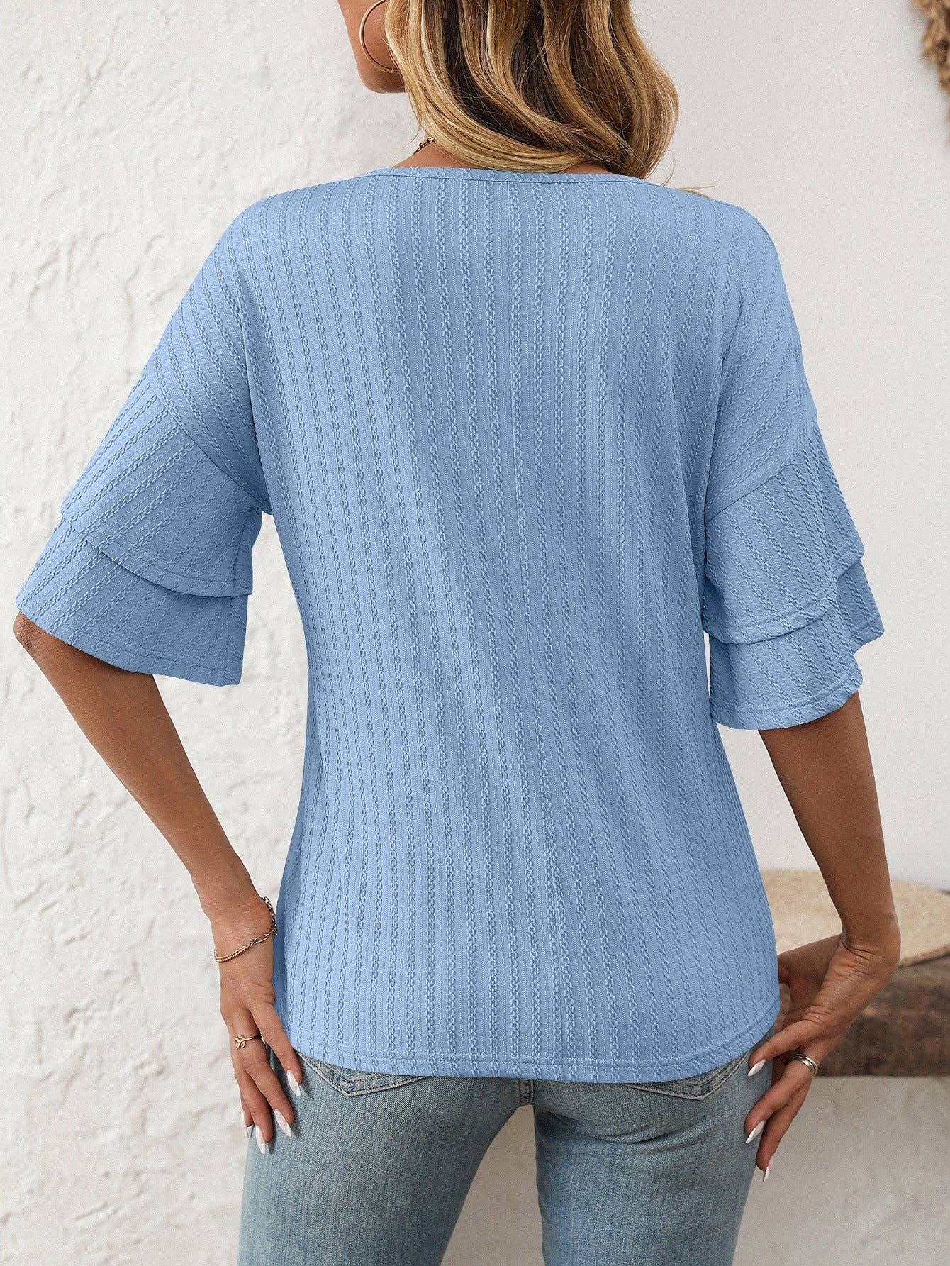 2026 Spring Solid Color V-Neck Ruffle Sleeve ShortSleeve Top