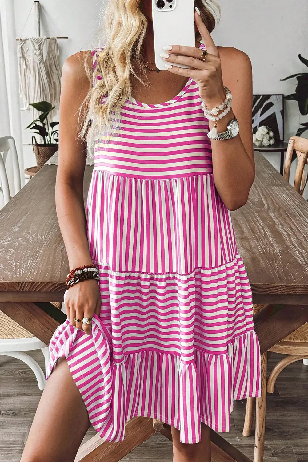 Stripe U-Neck Sleeveless Mini Dress Summer Casual