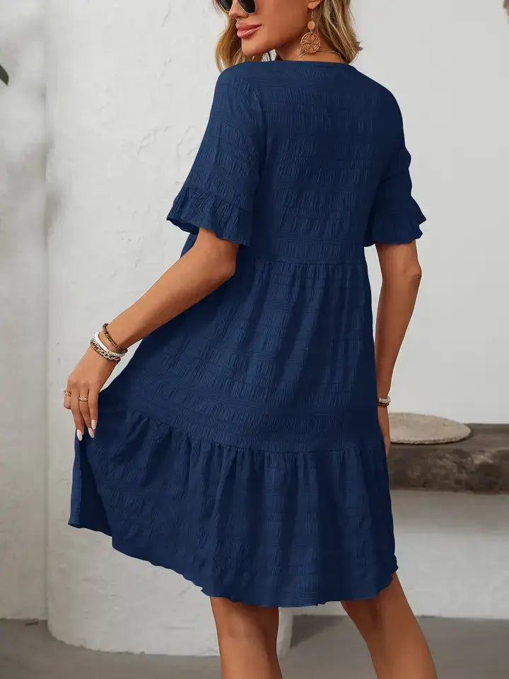 Ruffle Sleeve Tiered Mini Dress Flowy Summer Casual: Bean paste powder / 100% Polyester / L