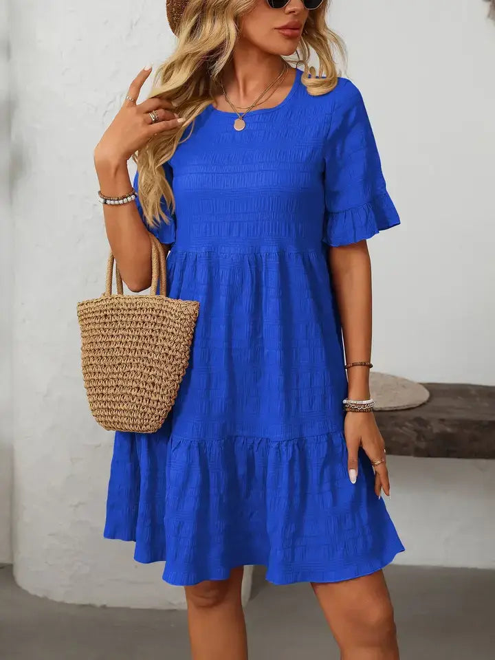 Ruffle Sleeve Tiered Mini Dress Flowy Summer Casual: Bean paste powder / 100% Polyester / 2XL