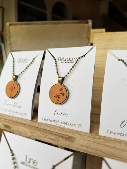 Birth Month Flower Necklaces - Leather Pendant Necklace Set