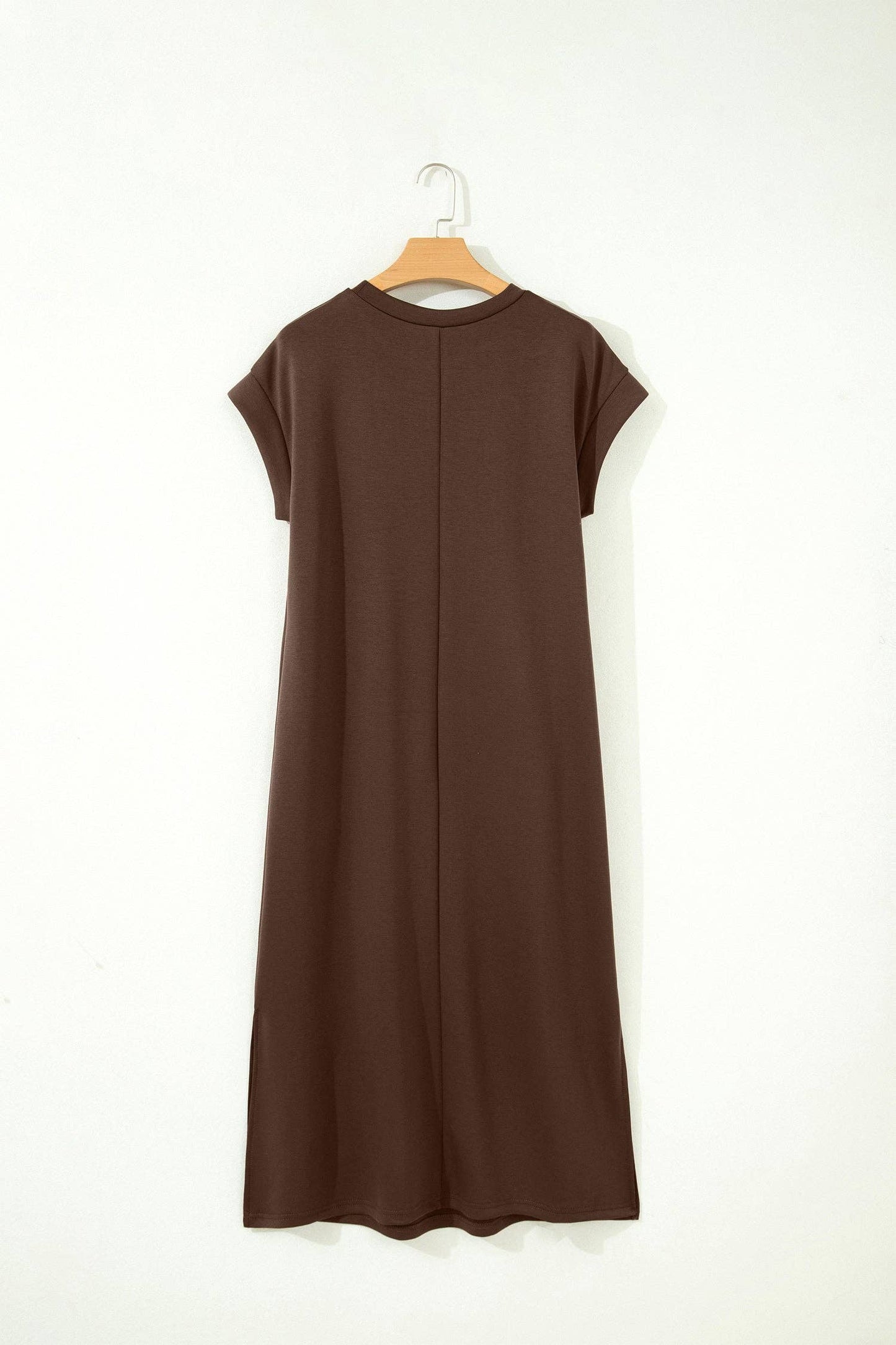 Red Sandalwood Solid Color Long T Shirt Dress with Slits