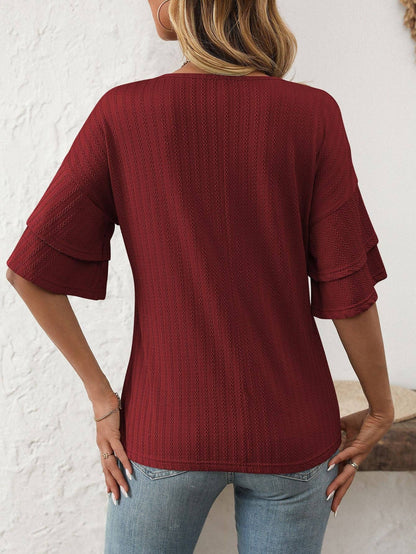 2026 Spring Solid Color V-Neck Ruffle Sleeve ShortSleeve Top