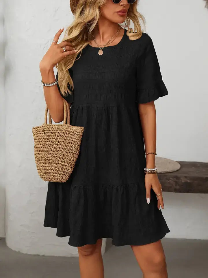 Ruffle Sleeve Tiered Mini Dress Flowy Summer Casual: Bean paste powder / 100% Polyester / M