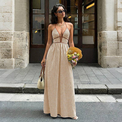 Striped Halter Backless Maxi Dress Vacation Summer