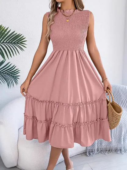 Pink Smocked Sleeveless Ruffle Tiered Maxi Dress