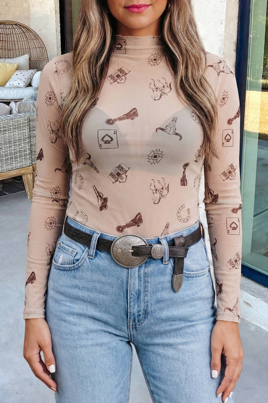 Western Print Mock Neck Mesh SlimLong Sleeve Top | S-XL