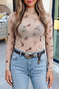 Western Print Mock Neck Mesh SlimLong Sleeve Top | S-XL