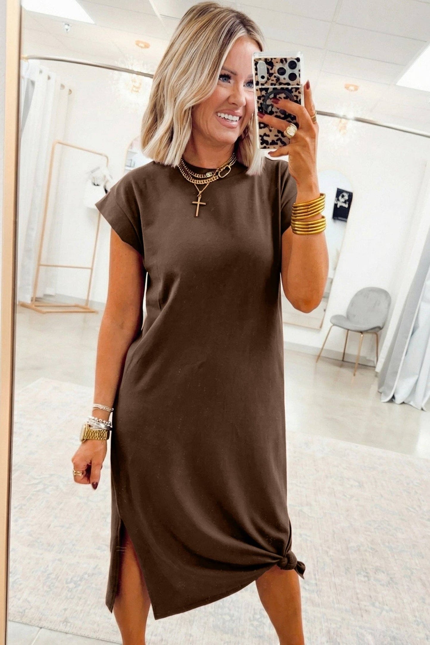 Red Sandalwood Solid Color Long T Shirt Dress with Slits