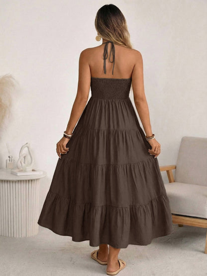 Women’s Halter V Neck Tiered Maxi Dress Backless