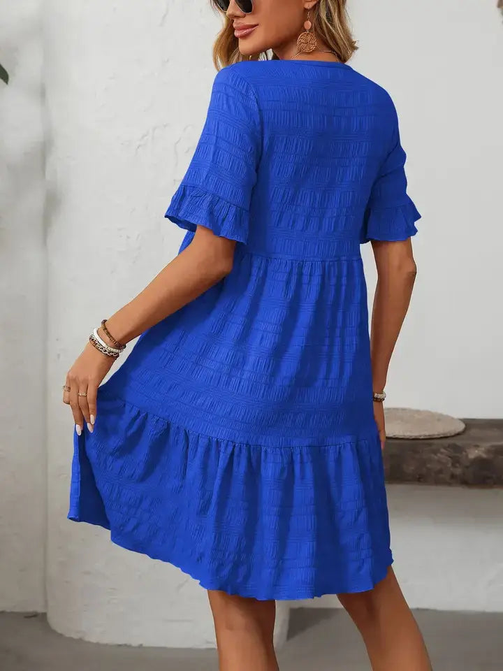 Ruffle Sleeve Tiered Mini Dress Flowy Summer Casual: Bean paste powder / 100% Polyester / XL