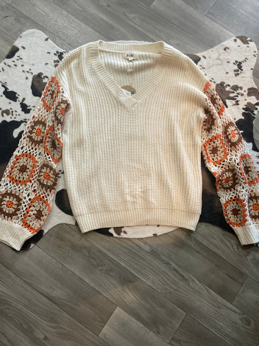 Crochet Sleeves Flower Print/ Hazel & Grace Sweater
