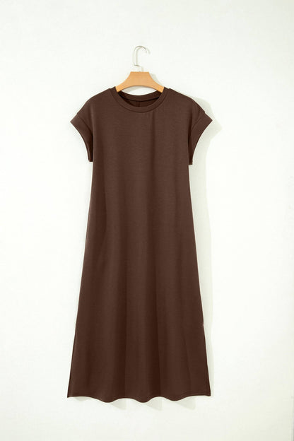 Red Sandalwood Solid Color Long T Shirt Dress with Slits