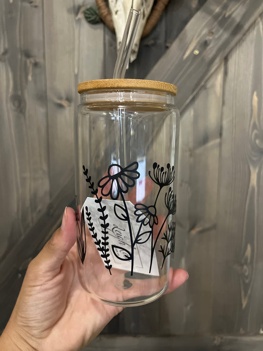 Black Wildflowers Glass Cup | Floral | Leigh Rose Design Co