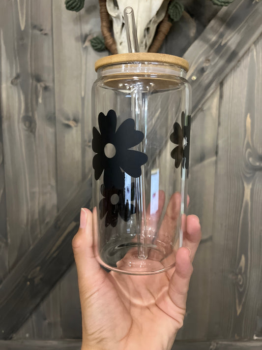 Black Flowers Glass Cup | Floral | Leigh Rose Design Co