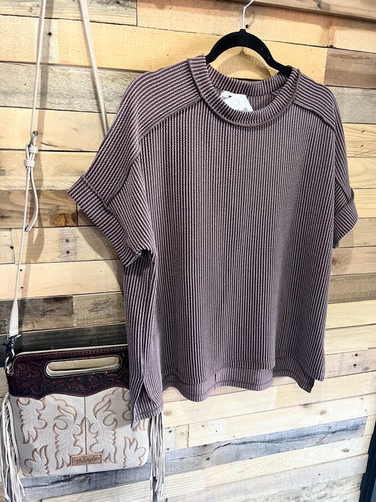 Corded Cuff Sleeve Taw Edge Top in Brown