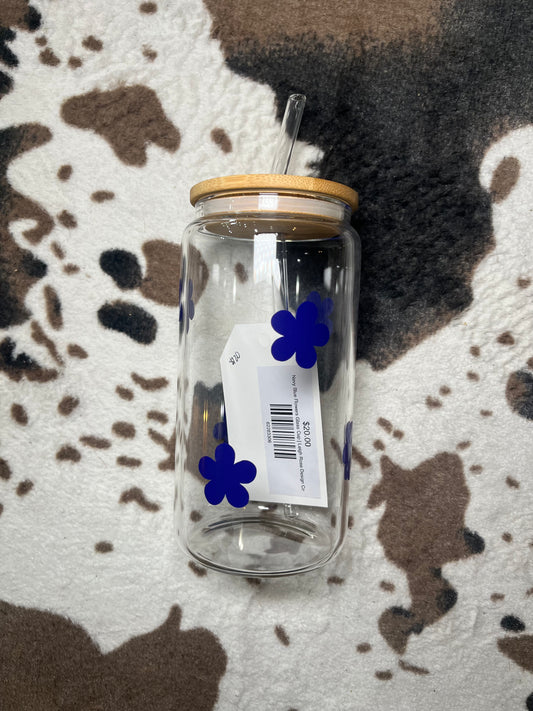 Navy Blue Flowers Glass Cup | Leigh Rose Design Co