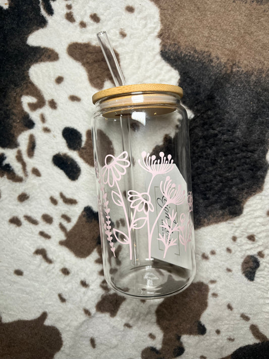 Pink Wildflowers Glass Cup | Leigh Rose Design Co