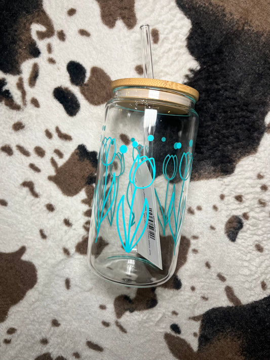 Teal Tulips Glass Cup | Leigh Rose Design Co